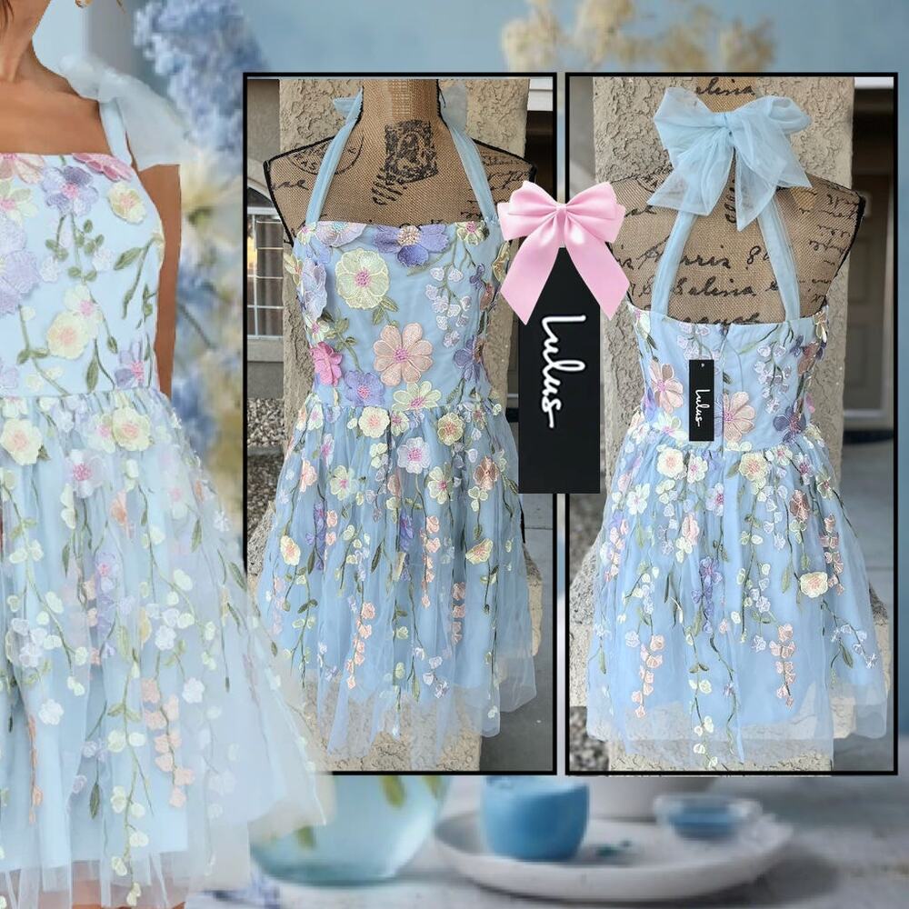 Lulus Classic Romance Blue 3D Floral Applique Tie-Strap Mini Dress Size M